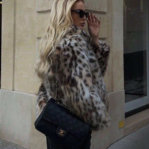 Women's Faux Fur animal print Long Sleeve Warm Coat - Picture 2 of 9